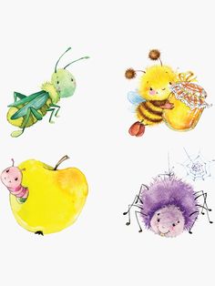 four watercolor drawings of different animals and insects