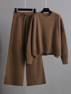 Urban Loose Long Sleeves Solid Color Round-Neck High-Low Sweater Tops  &  Wide Leg Pants Suits  COFFEE-One_size Wide Leg Pant Suit, Outfit Autumn, Work Pants Women, Loose Fit Sweater, Outfit Halloween, Casual Chique, Sweater Tops, Easy Trendy Outfits, Inspo Outfit