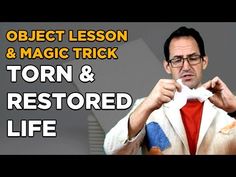 a man in a white suit is holding up his shirt and looking at the camera with text reading object lesson & magic trick torn & restored life