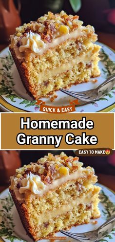 two slices of cake sitting on top of each other with the words homemade granny cake