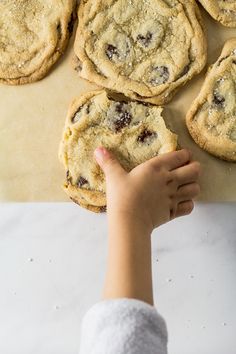 a hand reaching for chocolate chip cookies on a baking sheet