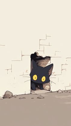 a black cat sitting on top of a pile of rocks next to a wall with yellow eyes