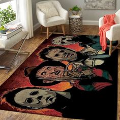 a living room area rug with the faces of people on it