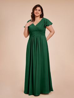 Dark_Green Dark Green Bridesmaid Dress, Plus Size Bridesmaid, Pleated Sleeves, Bridesmaid Dresses Plus Size, Chiffon Bridesmaid Dress, Chiffon Bridesmaid, Formal Occasion, Neck Designs, Simple Style