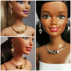 three pictures of barbie dolls with jewelry on their heads and one is wearing a white dress