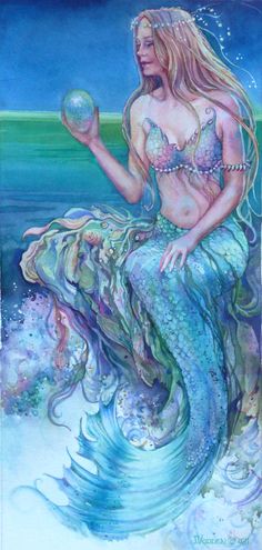 a painting of a mermaid holding a ball in her hand and sitting on the beach