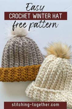 graphic reading "Easy Crochet Winter Hat Free Pattern" with a pile of chunky crochet hats in the background Crochet Winter Hat Free Pattern, Super Bulky Crochet Hat, Bulky Crochet Hat, Crochet Winter Hat Pattern, Super Bulky Yarn Patterns Crochet, Super Bulky Yarn Patterns, Bulky Yarn Patterns, Bulky Crochet