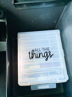 an all the things plastic container with writing on it