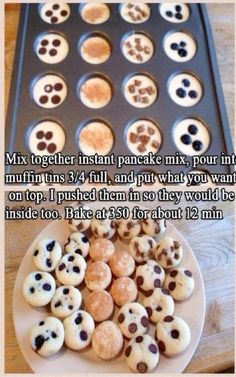 there is a plate full of cookies and muffins next to the cookie sheet that says mix together instant pancake mix pour into mini muffins