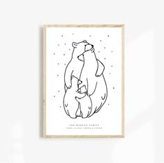 a black and white drawing of two bears hugging each other with stars in the background