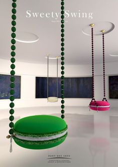 a room with green beads hanging from the ceiling