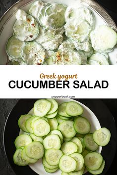 cucumber salad with greek yogurt in the middle and sliced cucumbers on the side