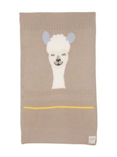 a brown towel with a white llama on it's face and yellow trim