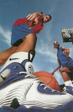 an advertisement for nike basketball shoes with two men in the background and one man holding a basketball