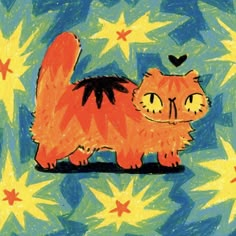 a drawing of a cat with stars in the background and a heart on its chest