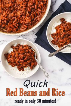 red beans and rice in white bowls on a marble counter top with text overlay reading quick red beans and rice ready in only 30 minutes