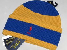 POLO RALPH LAUREN    by Ralph Lauren *********************************** ***   BRAND NEW RALPH LAUREN   *** *  New With Tags! * AUTHENTIC POLO RALPH LAUREN GUARANTEED! ************************************************* Men's POLO RALPH LAUREN CUFFED 80% WOOL, 20% NYLON RIB KNIT TWO-COLOR PONY BEANIE HAT SKULL CAP, SKI HAT, WATCH CAP Colors:  GOLD, DARK ROYAL BLUE Polo Pony Embroidered Color:  RED Size:  ONE SIZE FITS MOST, STRETCH TO SHAPE, RIB KNIT STRETCH Material:  80% WOOL, 20% NYLON Measurem Cool Accessories For Men, Polo Beanie, Ralph Lauren Beanie, Beanie Fits, Black Men Beards, Style Hacks, Ski Hat, Ski Cap, Nba Hats