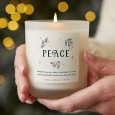 Christmas Gift Peace Candle Personalised - Kindred Fires Peace Candle, Frosted Glass Candle, Joy Candle, Green Christmas Trees, Green Font, Grandparents Christmas, Rainbow Candle, Christmas Scented Candles, Christmas Gifts For Mum