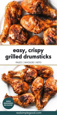 grilled chicken drums on a white plate with the words easy crispy grilled drums