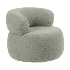 a grey chair with a round shaped cushion on the bottom and legs, in front of a