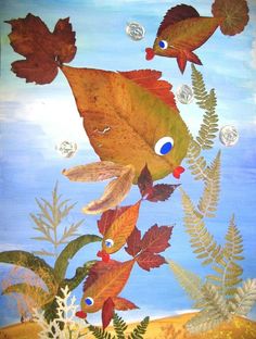 a painting with leaves and fish on it