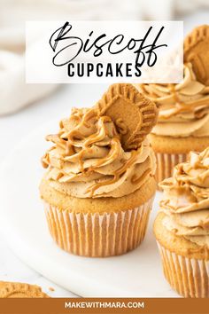 some cupcakes with frosting on top and the words biscoff cupcakes above them