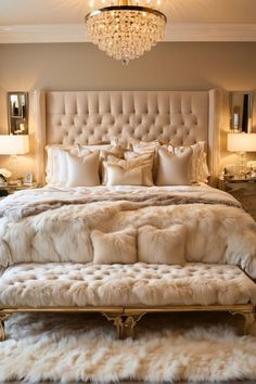 a large bed with white fur on top of it