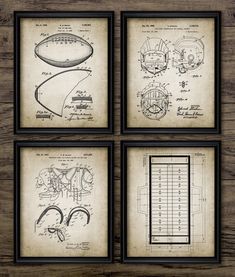 four framed blueprints depicting football equipment