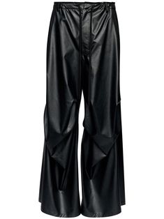 black faux leather belt loops draped design wide leg two side slit pockets two rear patch pockets long length Designer Drapes, City Dress, Mm6 Maison Margiela, Summer Beach Wear, Good Brands, Black Faux Leather, Long Length, Women Collection, Leather Belt