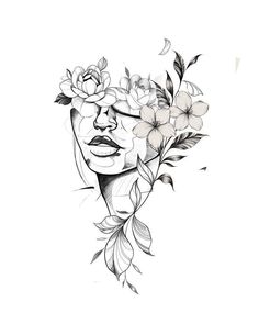 a drawing of a woman's face with flowers in her hair and leaves around it