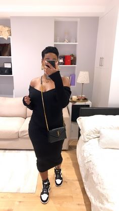 Dress And Sneakers Black Woman, Casual Sneaker Ball Outfit, Sneaker Work Outfits Women Winter, Fall Outfit With Jordans, Dress And Sneakers Winter Outfit, Jordan 1 Date Night Outfit, Jordan Sneaker Outfits Women, Nike Shoes And Dress Outfit, Jordan Work Outfits