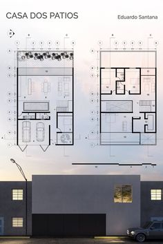 the floor plan for this modern house is shown in three different sections, including two levels and