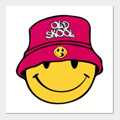 a smiley face wearing a red hat with the words old skool on it sticker