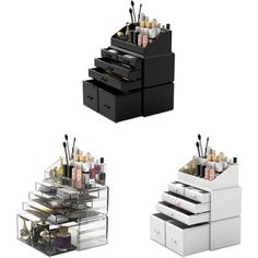 three drawers with makeup brushes and cosmetics in them