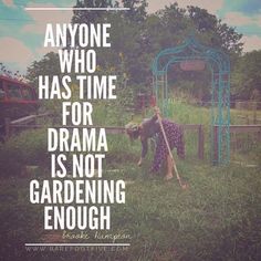 a woman leaning on a pole in the grass with a quote above her that reads anyone who has time for drama is not gardening enough