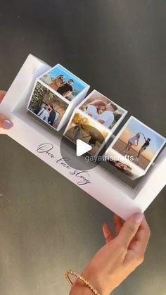 a hand holding an open photo album with four pictures on the front and one in the back