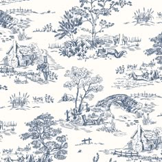 a blue and white toiler print wallpaper with trees, bushes, houses, and animals