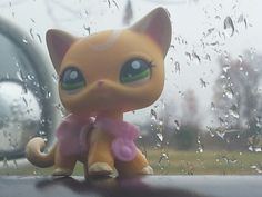 a small toy cat sitting on top of a car window next to a rain covered windshield