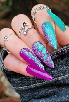 Teal Glitter Nail Designs, Mermaid Acrylic Nails Summer, Bright Bold Nails, French Neon Tip Nails, Sparkle Almond Nails Glitter, Turquoise Nail Art Designs, Bold Purple Nails, 13 Going On 30 Nails, Floral Stiletto Nails