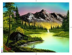 a painting of a cabin in the woods by a lake with mountains and trees around it