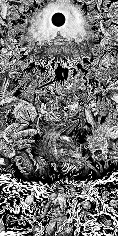 an artistic black and white drawing of people surrounded by demonic creatures, with a dark hole in the middle