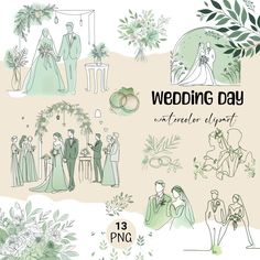 the wedding day clipart set includes green and white flowers, greenery, bride and groom