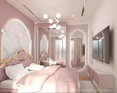 a bedroom with pink walls and gold accents