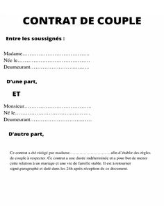 a document with the words contrat de couple written in black and white on it