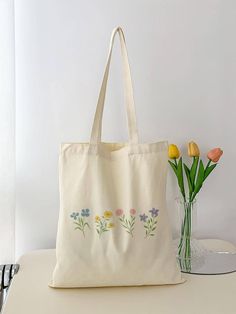 Beige  Collar  Polyester Plants Shoulder Tote Bag Embellished   Women Bags Tod Bag, Preppy School Bag, Handpainted Tote, Spring Tote Bag, Spring Tote, Tot Bag