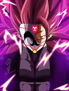 an anime character with pink hair and lightnings on his face, in front of a purple background