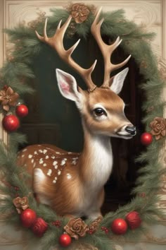 a painting of a deer in a christmas wreath