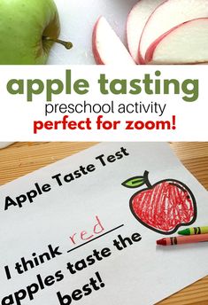 an apple is sitting on top of a piece of paper with the words, apples tasting preschool activity perfect for zoom