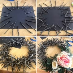 four different pictures show the process of making a wreath with sticks and flowers on it