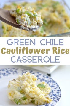 green chile cauliflower rice casserole on a blue and white plate